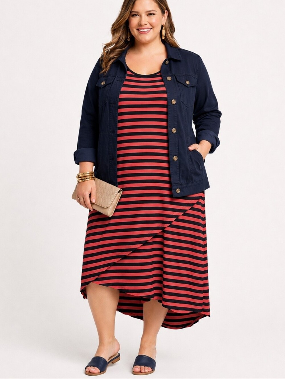 Design History 1X Plus Coral Navy Striped Sleeveless Maxi Dress Asymmetrical Hem